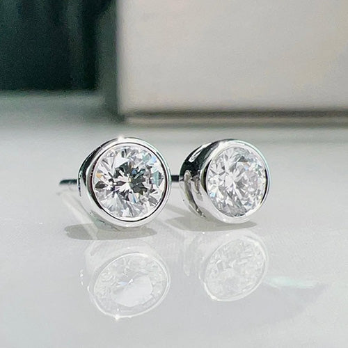 White Gold 14K 3 Carats Bezel Setting Round GIA CERTIFIED Lab Grown Diamond Stud Earring