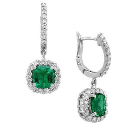 White Gold 14K Cushion Colombian Green Emerald Halo Natural Earth Mined Diamonds 5 Ct. Drop Earring