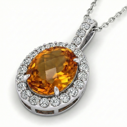 White Gold 15 Ct Oval Madeira Citrine With Natural Earth Mined Diamonds Pendant Necklace