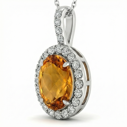 White Gold 15 Ct Oval Madeira Citrine With Natural Earth Mined Diamonds Pendant Necklace
