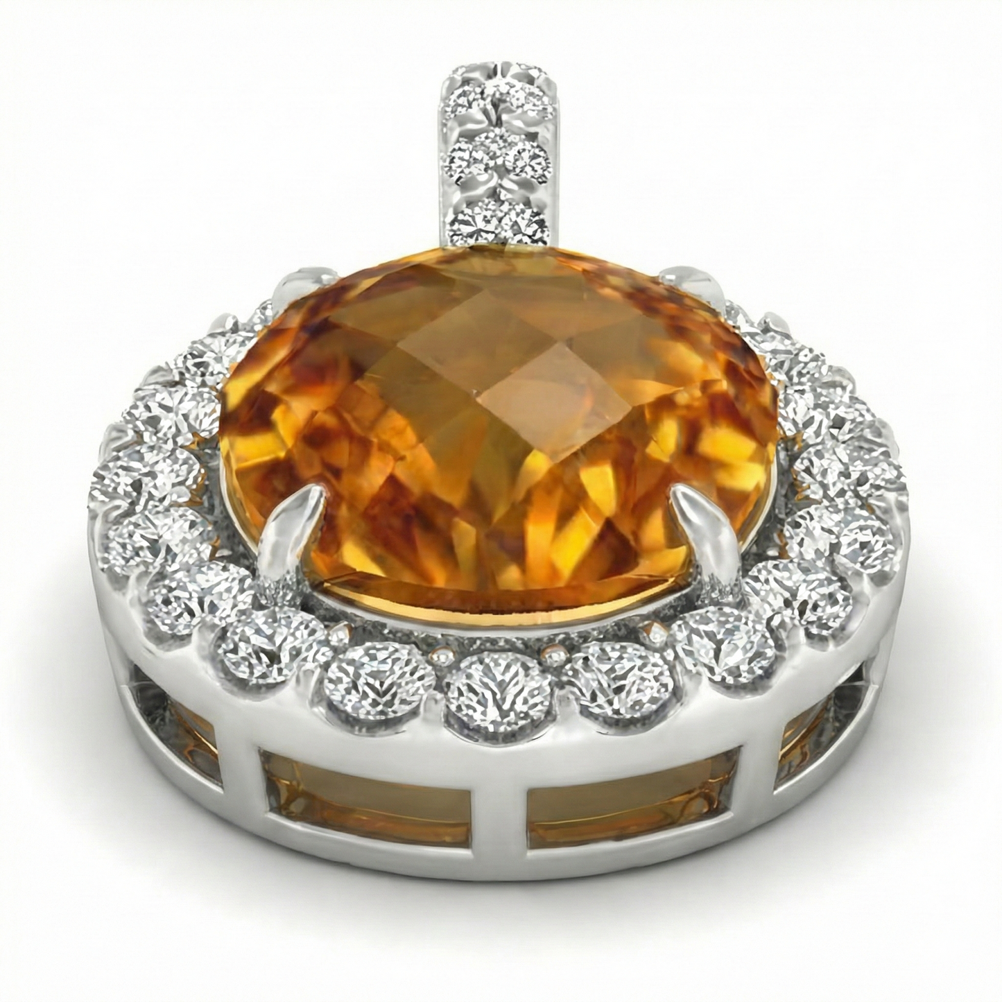 White Gold 15 Ct Oval Madeira Citrine With Natural Earth Mined Diamonds Pendant Necklace