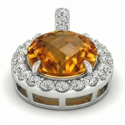 White Gold 15 Ct Oval Madeira Citrine With Natural Earth Mined Diamonds Pendant Necklace