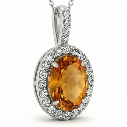 White Gold 15 Ct Oval Madeira Citrine With Natural Earth Mined Diamonds Pendant Necklace