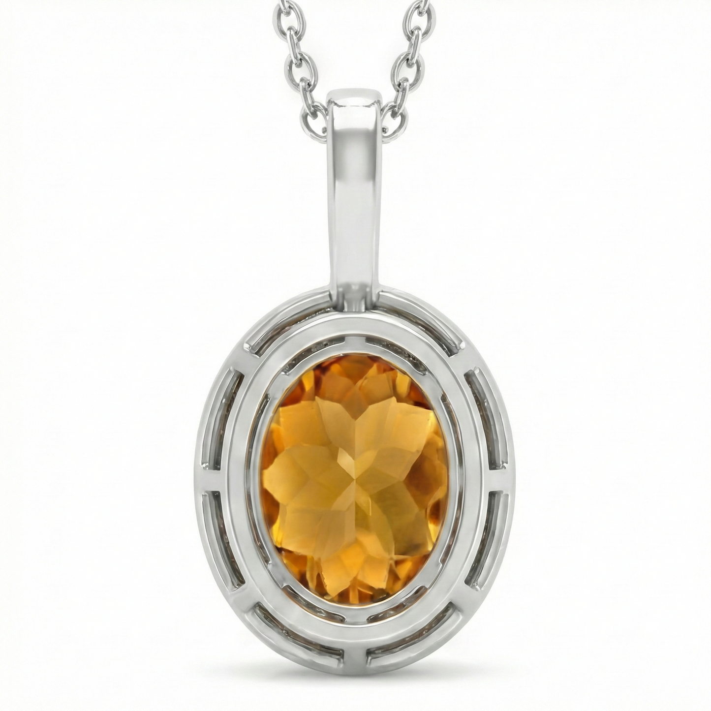 White Gold 15 Ct Oval Madeira Citrine With Natural Earth Mined Diamonds Pendant Necklace