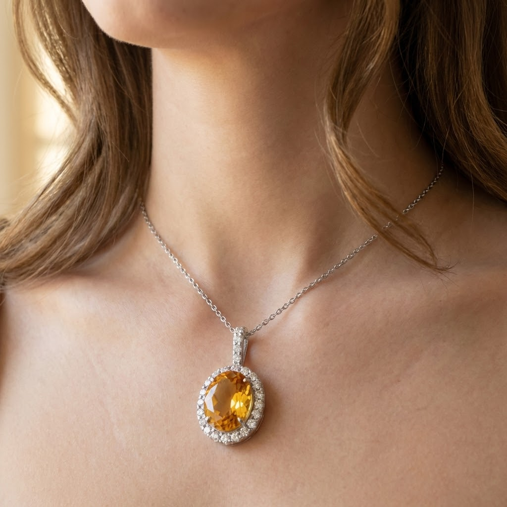 White Gold 15 Ct Oval Madeira Citrine With Natural Earth Mined Diamonds Pendant Necklace
