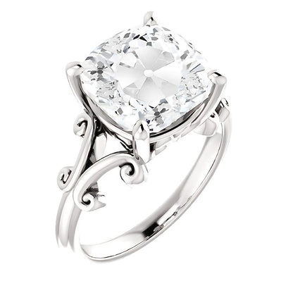 White Gold Huge Cushion Old Cut Lab Grown Diamond Split Shank Ring 10 Cts