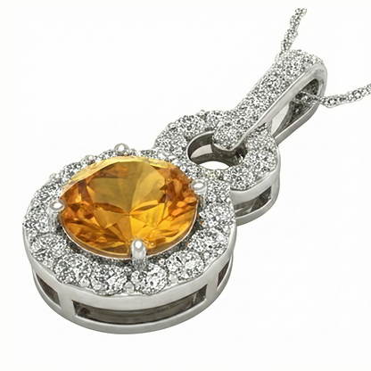 White Gold Madeira Citrine & Natural Earth Mined Diamonds 11 Ct Pendant With Chain