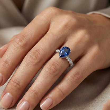 Natural Real ( Not Lab Grown )  White Gold Pear Blue Sapphire With Accents Ring 3.50 Women's Jewelry