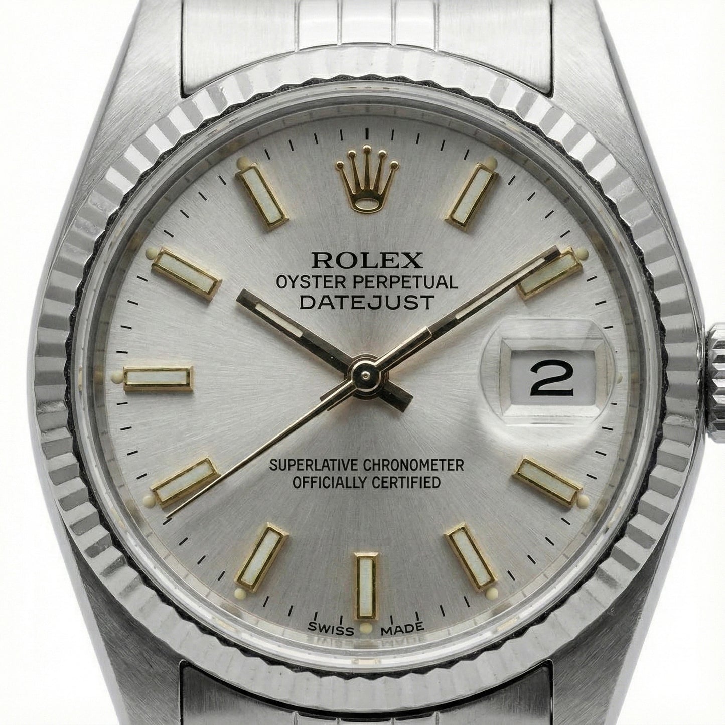 White Luminous Dial Rolex Date Just Ss Watch Fluted Bezel Datejust
