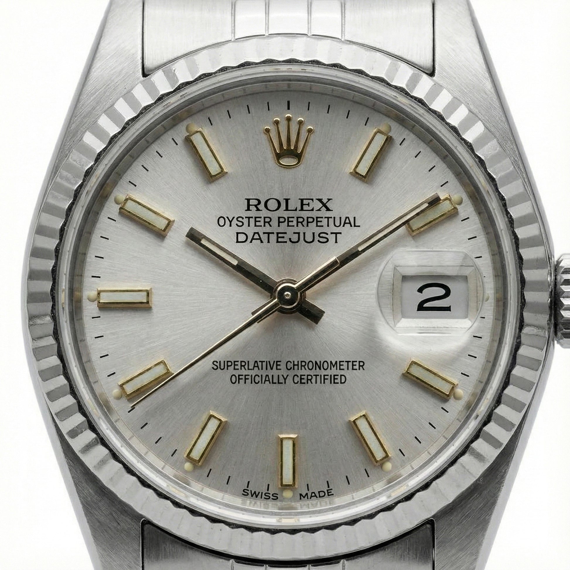White Luminous Dial Rolex Date Just Ss Watch Fluted Bezel Datejust
