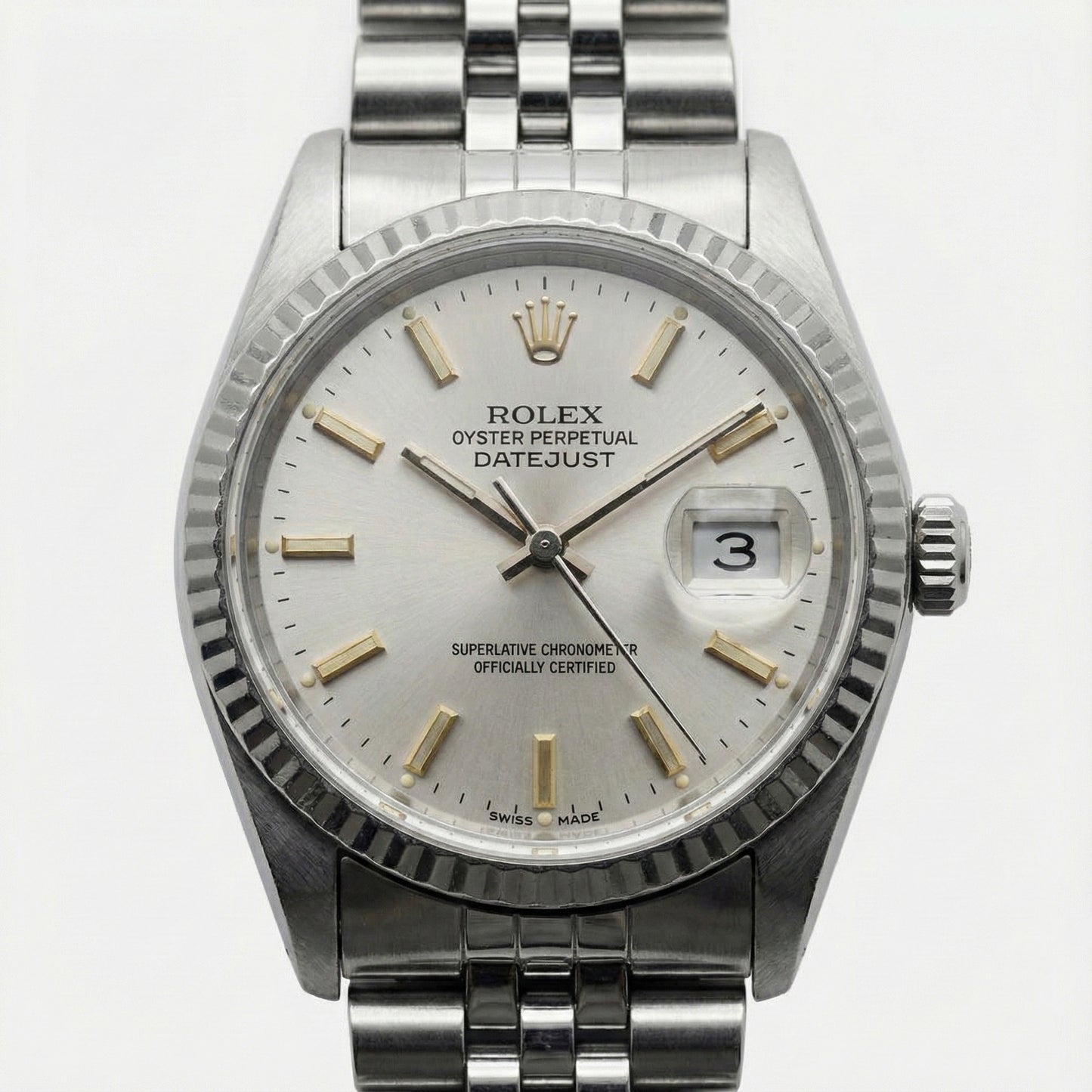 White Luminous Dial Rolex Date Just Ss Watch Fluted Bezel Datejust