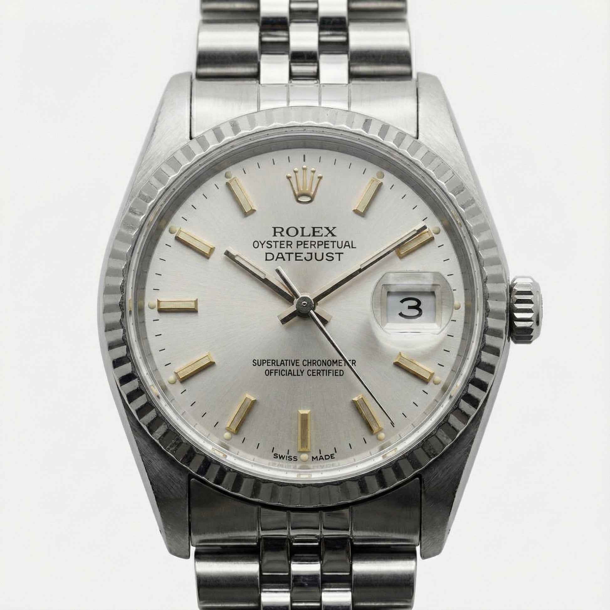 White Luminous Dial Rolex Date Just Ss Watch Fluted Bezel Datejust