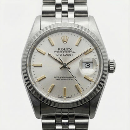 White Luminous Dial Rolex Date Just Ss Watch Fluted Bezel Datejust