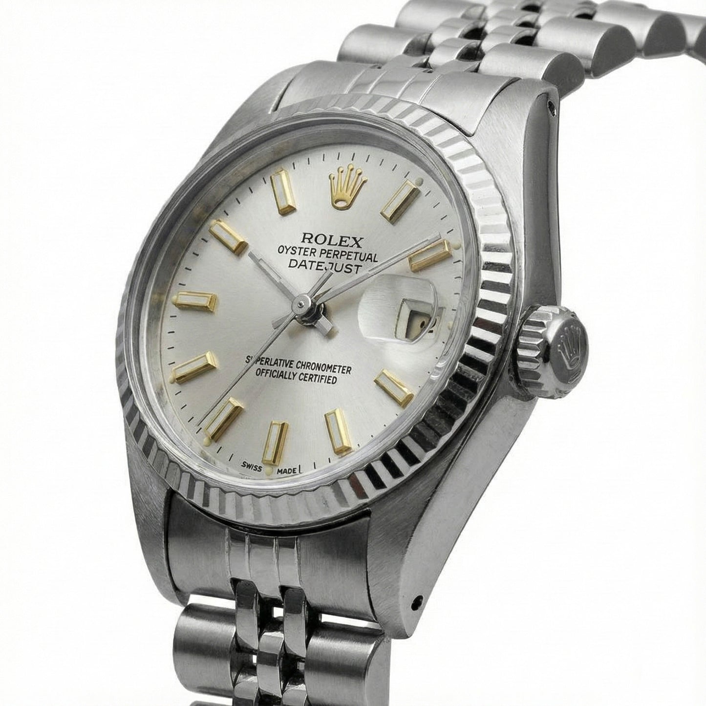 White Luminous Dial Rolex Date Just Ss Watch Fluted Bezel Datejust