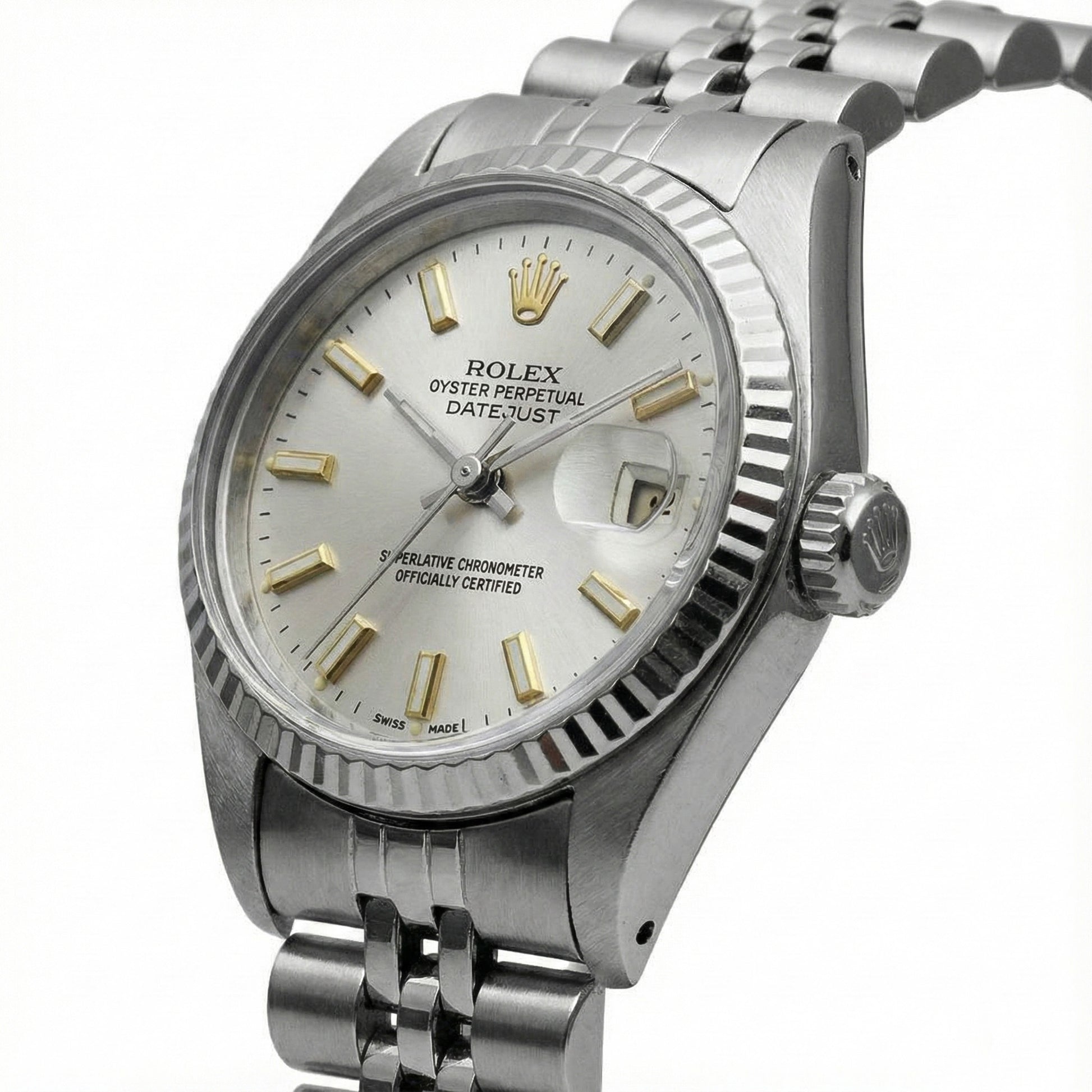 White Luminous Dial Rolex Date Just Ss Watch Fluted Bezel Datejust