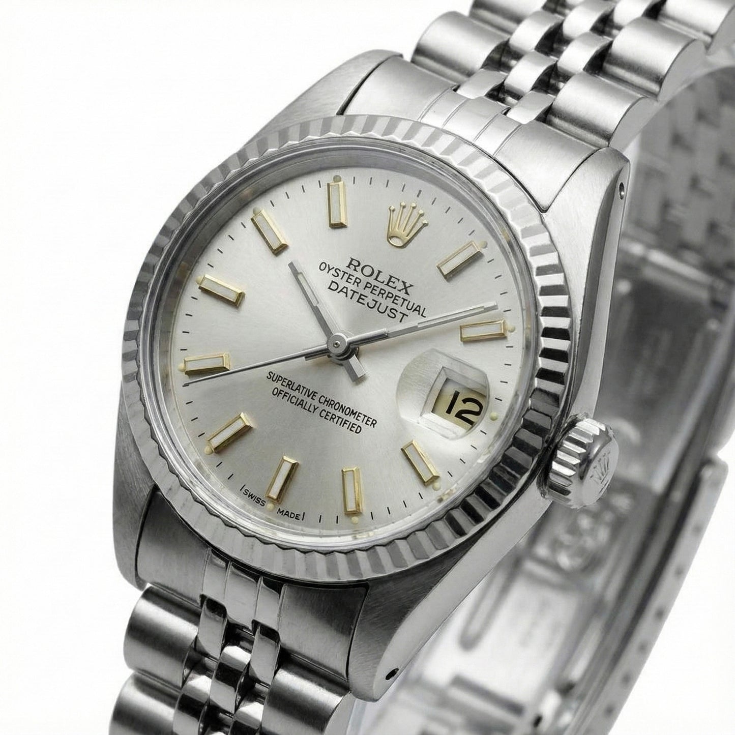 White Luminous Dial Rolex Date Just Ss Watch Fluted Bezel Datejust