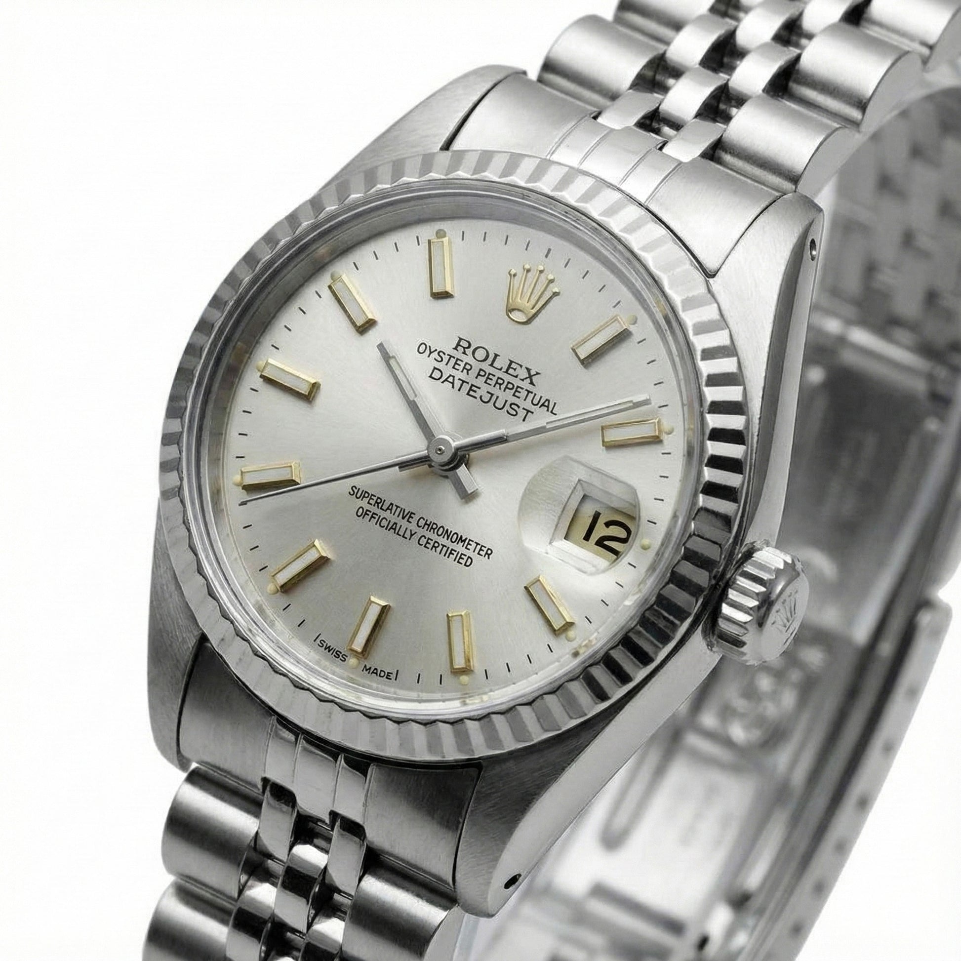 White Luminous Dial Rolex Date Just Ss Watch Fluted Bezel Datejust