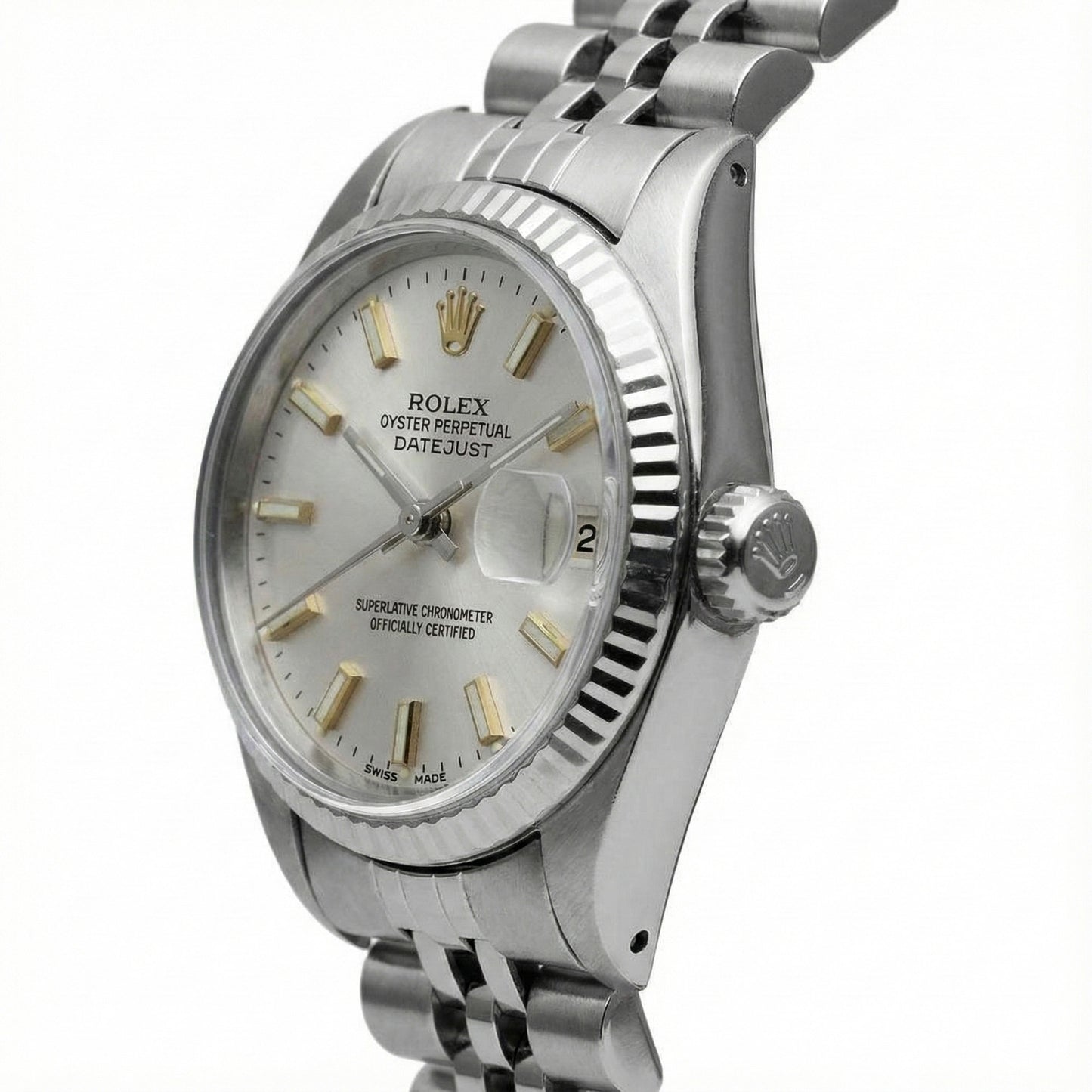 White Luminous Dial Rolex Date Just Ss Watch Fluted Bezel Datejust