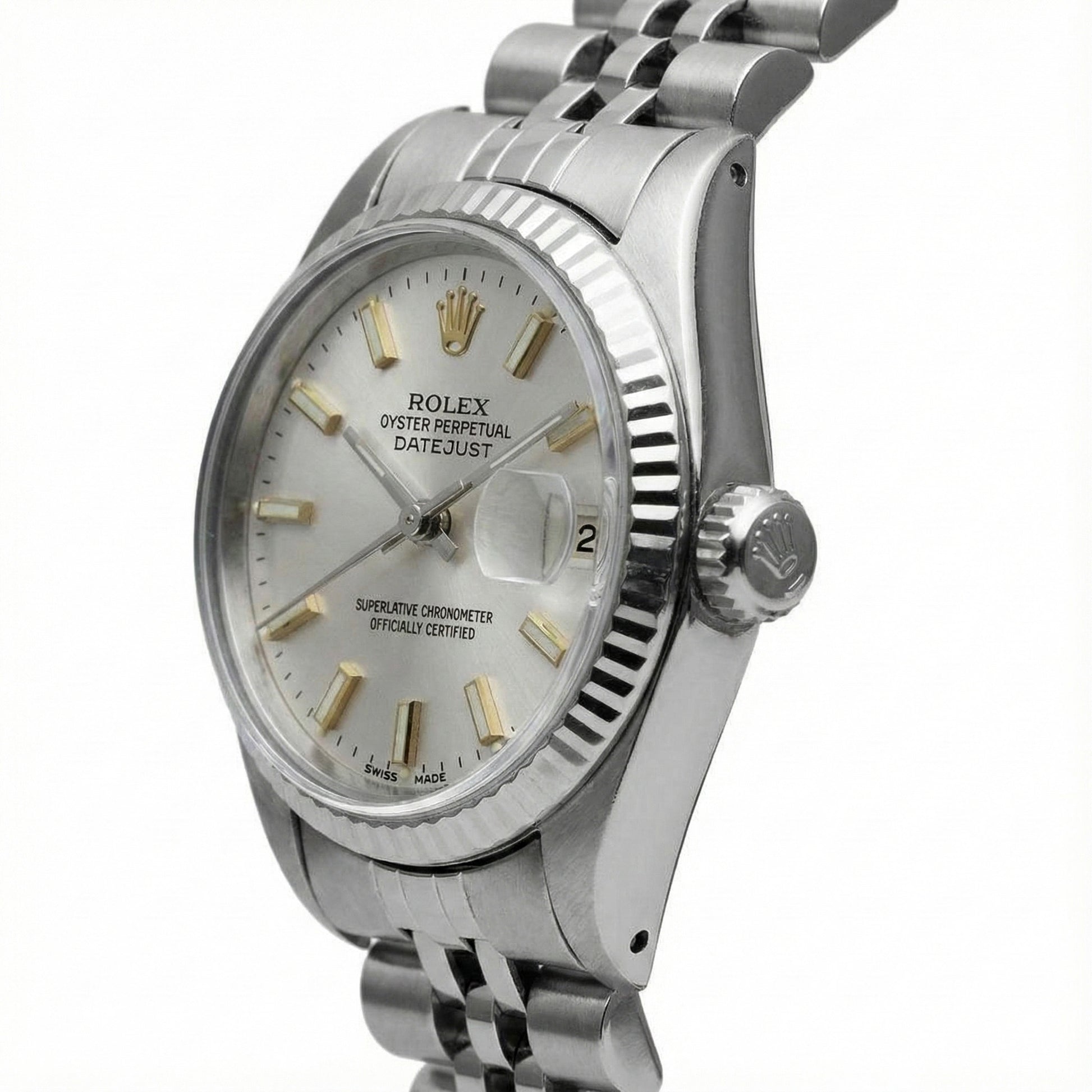 White Luminous Dial Rolex Date Just Ss Watch Fluted Bezel Datejust