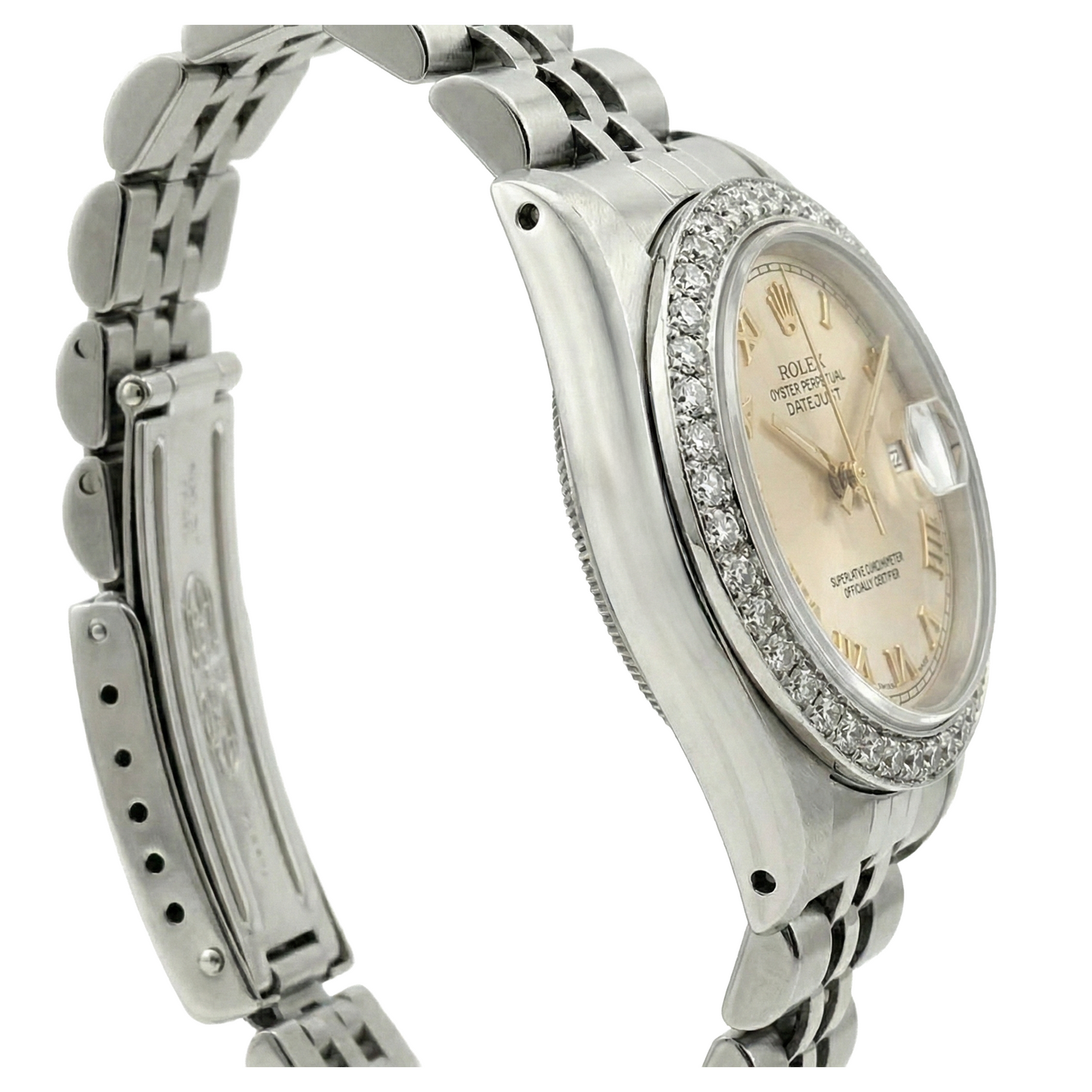 White Roman Dial Date Just Diamond Bracelet Rolex Ladies Watch