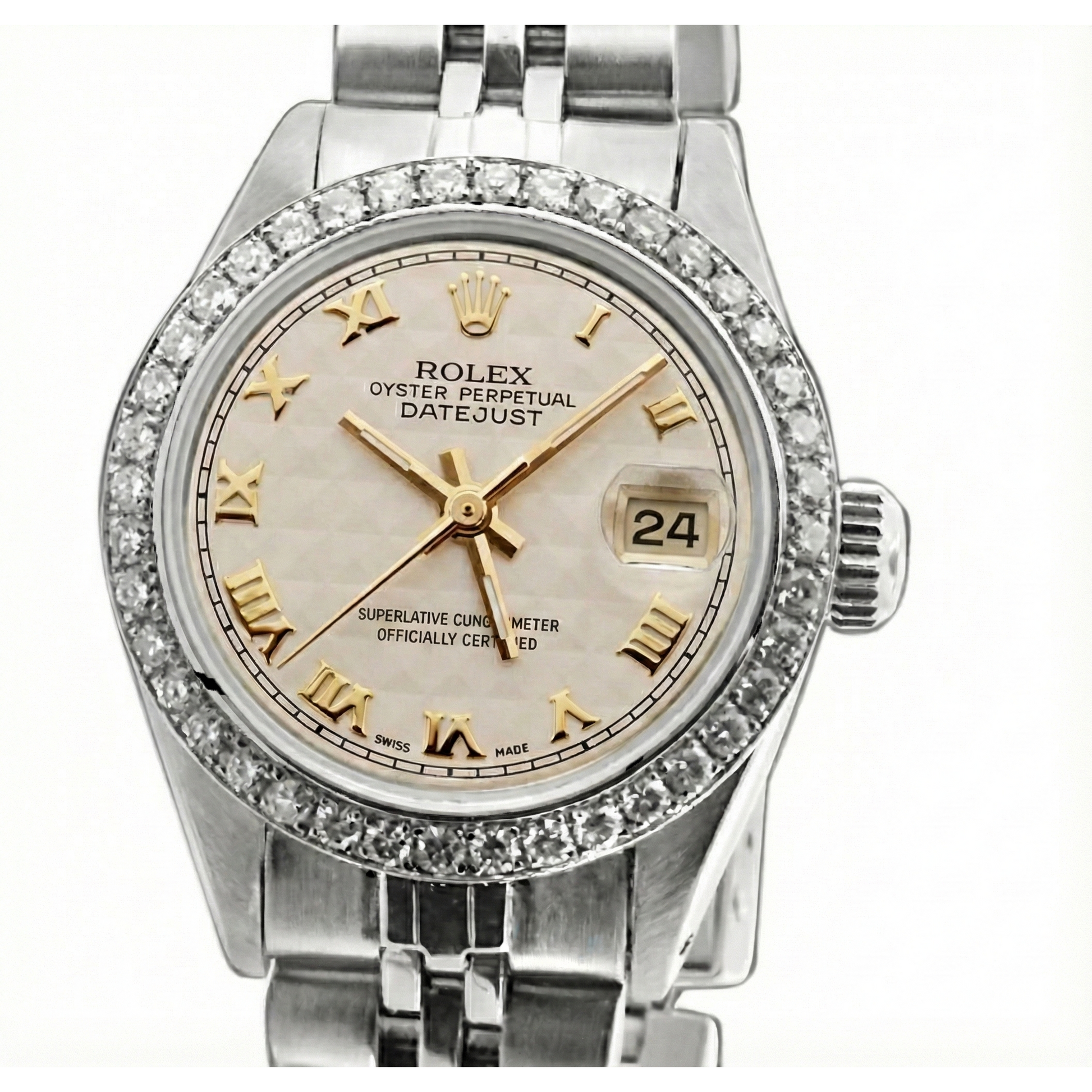 White Roman Dial Date Just Diamond Bracelet Rolex Ladies Watch