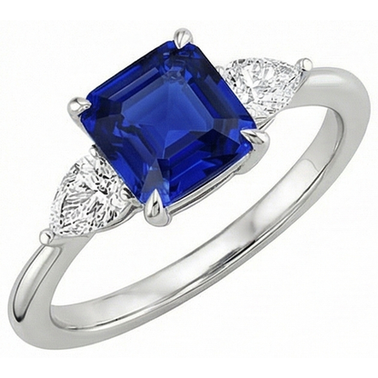 Women 3 Stone Ring Pear Natural Earth Mined Diamond & Cushion Ceylon Sapphire 2.75 Carats