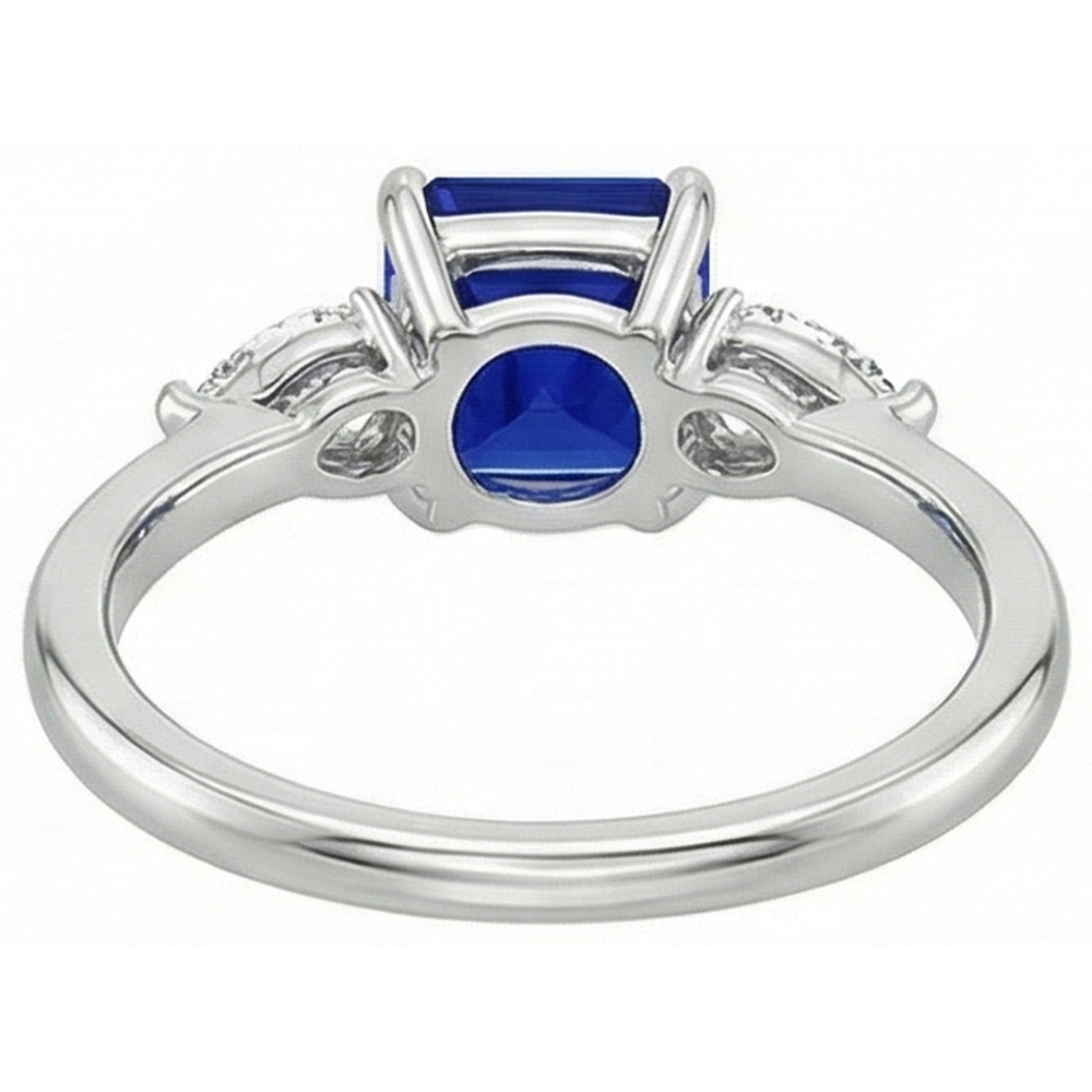 Women 3 Stone Ring Pear Natural Earth Mined Diamond & Cushion Ceylon Sapphire 2.75 Carats