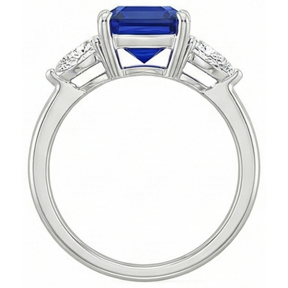 Women 3 Stone Ring Pear Natural Earth Mined Diamond & Cushion Ceylon Sapphire 2.75 Carats