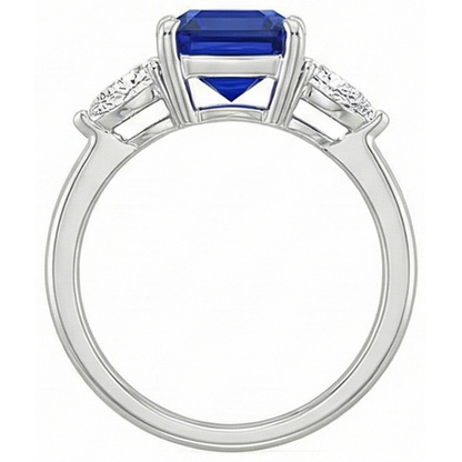 Women 3 Stone Ring Pear Natural Earth Mined Diamond & Cushion Ceylon Sapphire 2.75 Carats