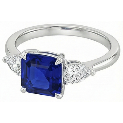 Women 3 Stone Ring Pear Natural Earth Mined Diamond & Cushion Ceylon Sapphire 2.75 Carats