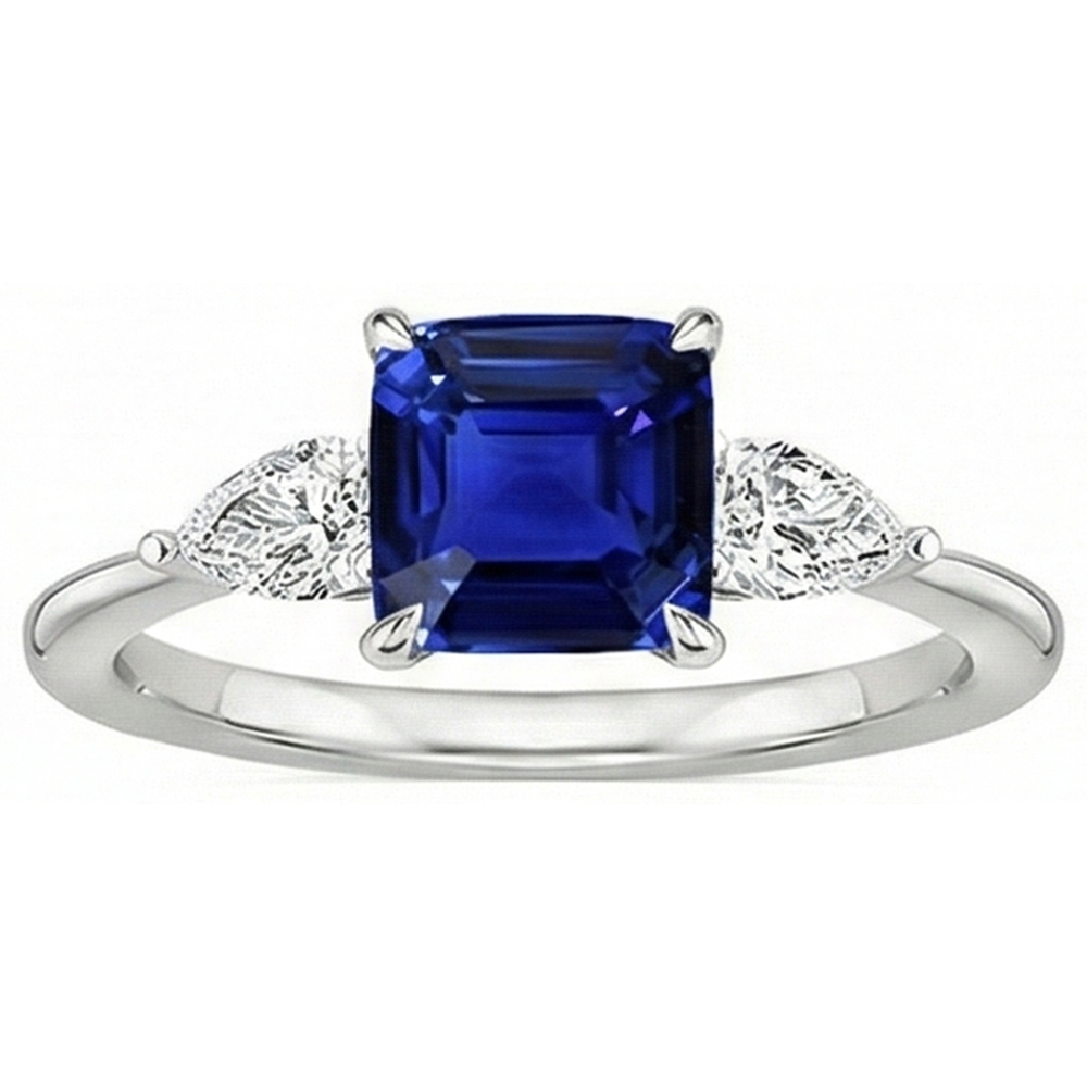 Women 3 Stone Ring Pear Natural Earth Mined Diamond & Cushion Ceylon Sapphire 2.75 Carats