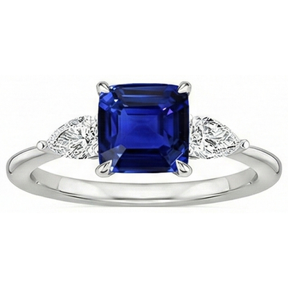 Women 3 Stone Ring Pear Natural Earth Mined Diamond & Cushion Ceylon Sapphire 2.75 Carats
