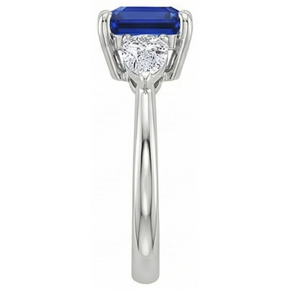 Women 3 Stone Ring Pear Natural Earth Mined Diamond & Cushion Ceylon Sapphire 2.75 Carats