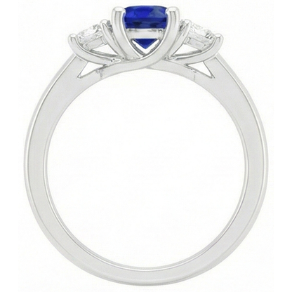 Women 3 Stone Ring Round Ceylon Sapphire & Natural Earth Mined Diamonds 1.50 Carats