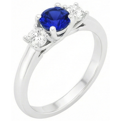 Women 3 Stone Ring Round Ceylon Sapphire & Natural Earth Mined Diamonds 1.50 Carats