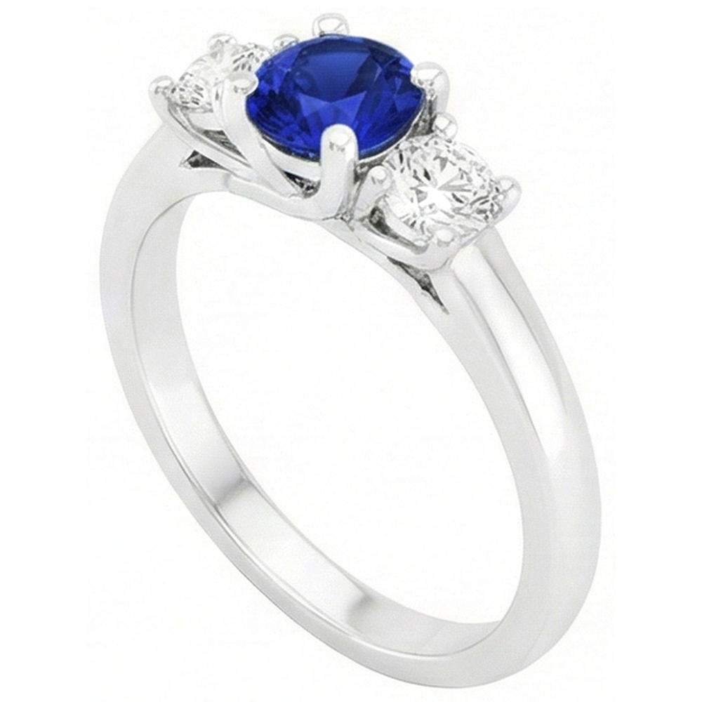 Women 3 Stone Ring Round Ceylon Sapphire & Natural Earth Mined Diamonds 1.50 Carats