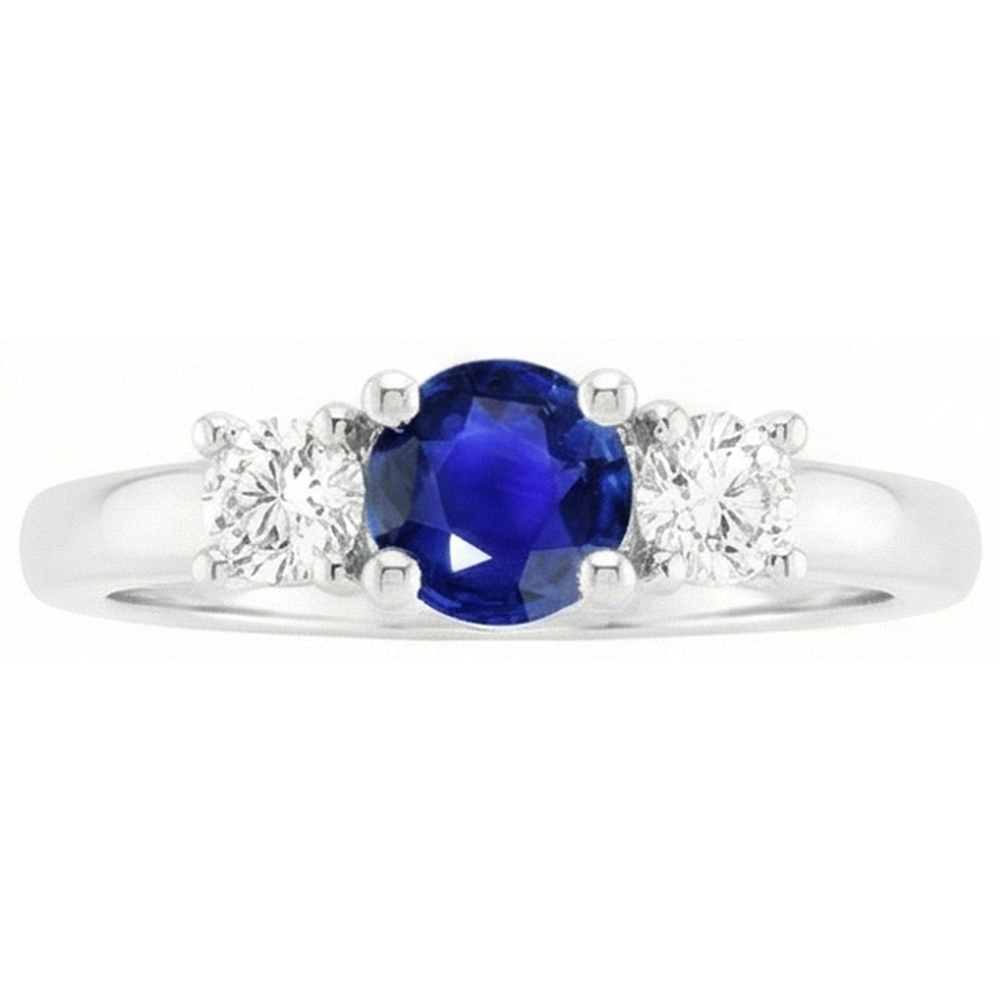 Women 3 Stone Ring Round Ceylon Sapphire & Natural Earth Mined Diamonds 1.50 Carats