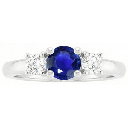 Women 3 Stone Ring Round Ceylon Sapphire & Natural Earth Mined Diamonds 1.50 Carats