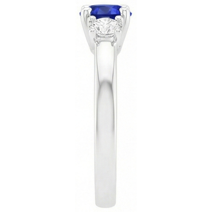 Women 3 Stone Ring Round Ceylon Sapphire & Natural Earth Mined Diamonds 1.50 Carats