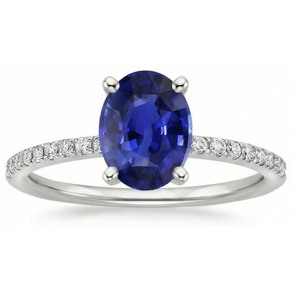 Women Blue Sapphire Ring Oval Cut With Pave Set Natural Earth Mined Diamonds 4.50 Carats
