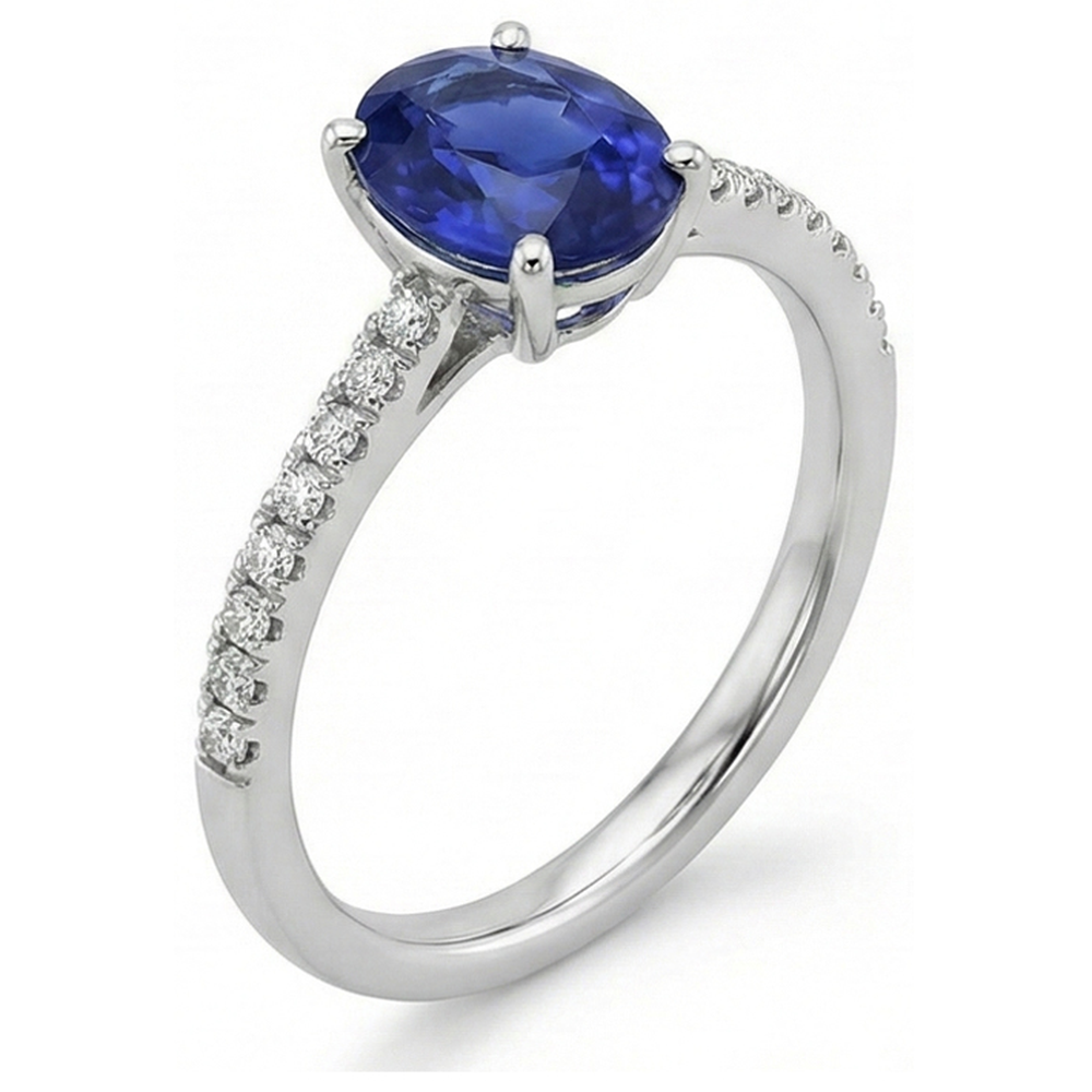 Women Blue Sapphire Ring Oval Cut With Pave Set Natural Earth Mined Diamonds 4.50 Carats