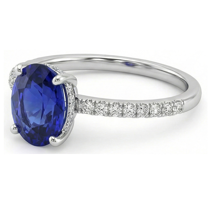 Women Blue Sapphire Ring Oval Cut With Pave Set Natural Earth Mined Diamonds 4.50 Carats