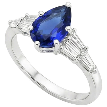 Women Blue Sapphire Ring With Baguette Natural Earth Mined Diamond Accents 4 Carats