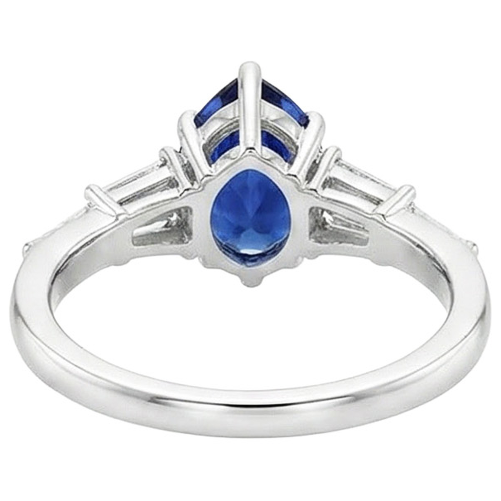 Women Blue Sapphire Ring With Baguette Natural Earth Mined Diamond Accents 4 Carats
