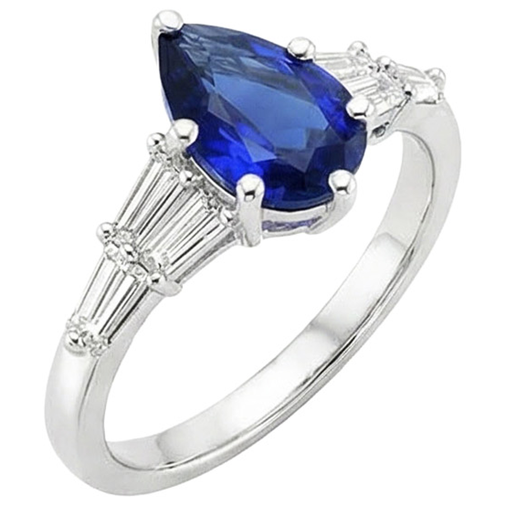 Women Blue Sapphire Ring With Baguette Natural Earth Mined Diamond Accents 4 Carats