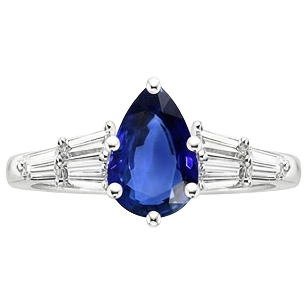 Women Blue Sapphire Ring With Baguette Natural Earth Mined Diamond Accents 4 Carats