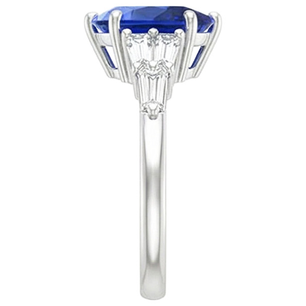 Women Blue Sapphire Ring With Baguette Natural Earth Mined Diamond Accents 4 Carats