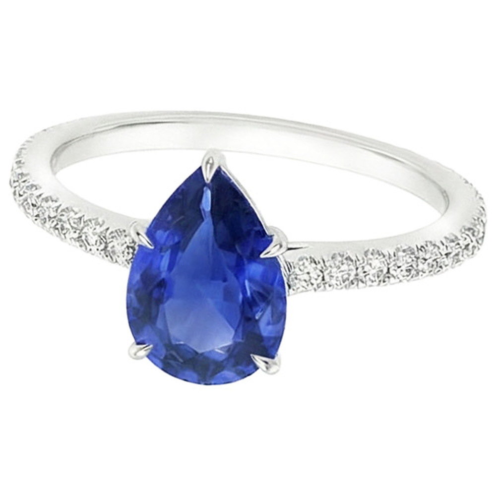 Women Engagement Ring Pear Blue Sapphire & Pave Set Natural Earth Mined Diamonds 4 Carats