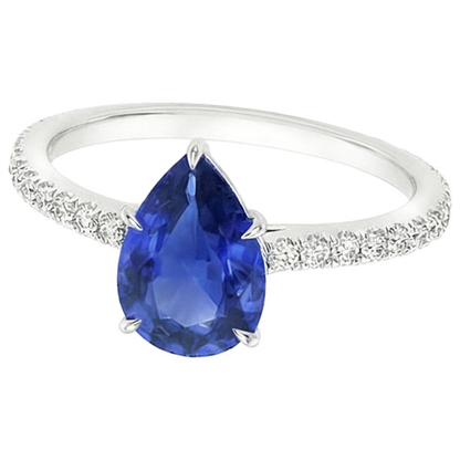 Women Engagement Ring Pear Blue Sapphire & Pave Set Natural Earth Mined Diamonds 4 Carats