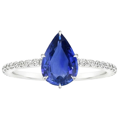 Women Engagement Ring Pear Blue Sapphire & Pave Set Natural Earth Mined Diamonds 4 Carats